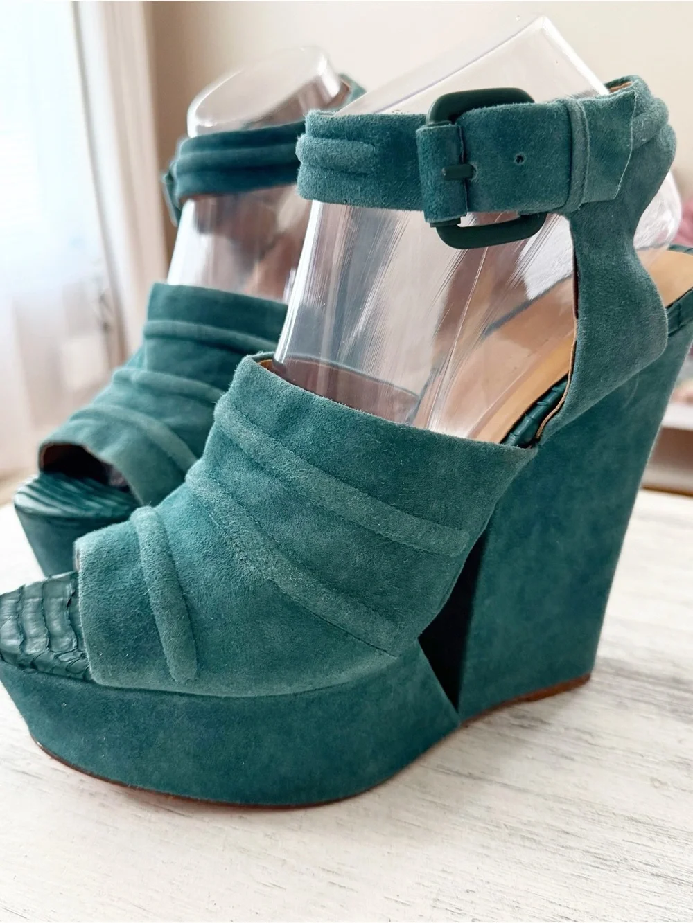 L.A.M.B. Teal Suede Platform Wedge Sandals with Ankle Buckle size 9.5M